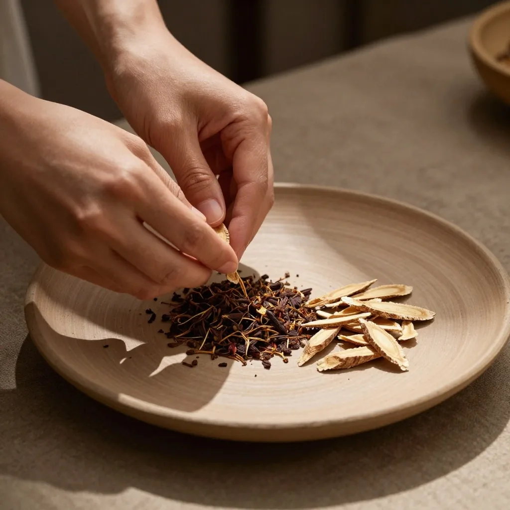 Dried botanical ingredients and capsules on unbleached paper