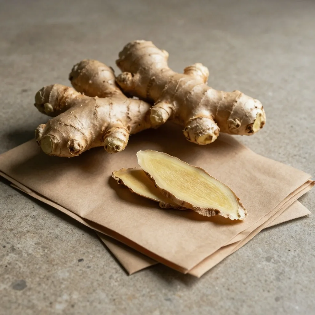 Dried and fresh ginger on unbleached paper