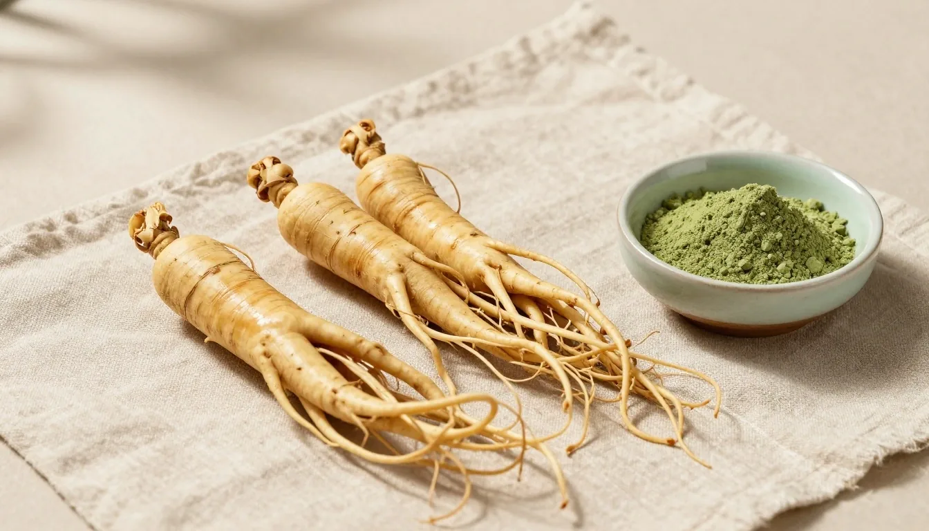 Raw botanical ingredients on a warm linen surface in soft daylight