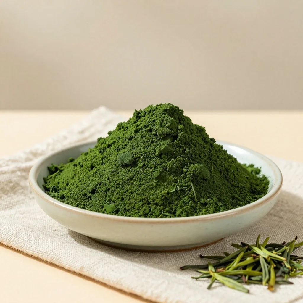 Spirulina powder and green tea leaves on linen