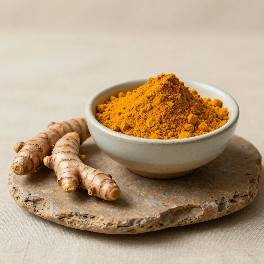 Turmeric root and powder in a ceramic bowl on stone