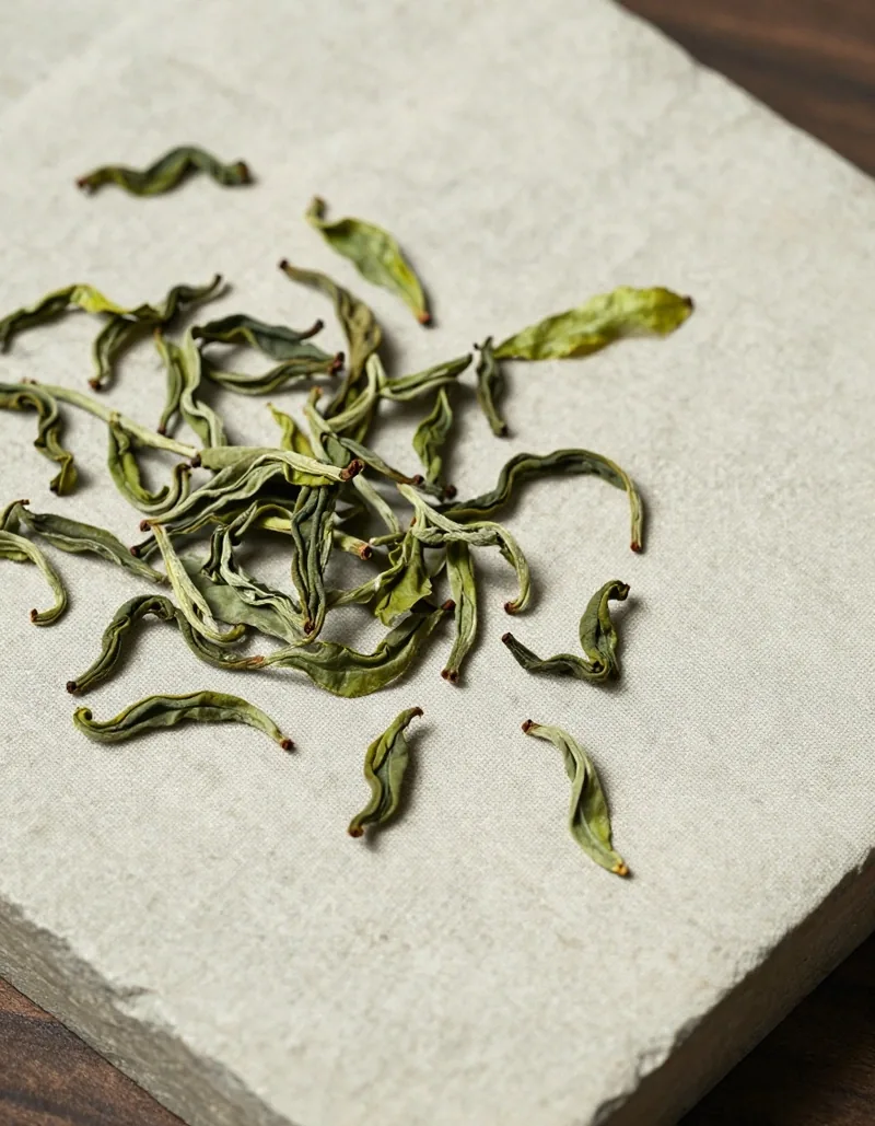 Dried green tea leaves on linen