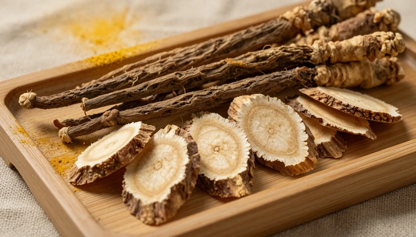 Raw botanical ingredients on a warm linen surface