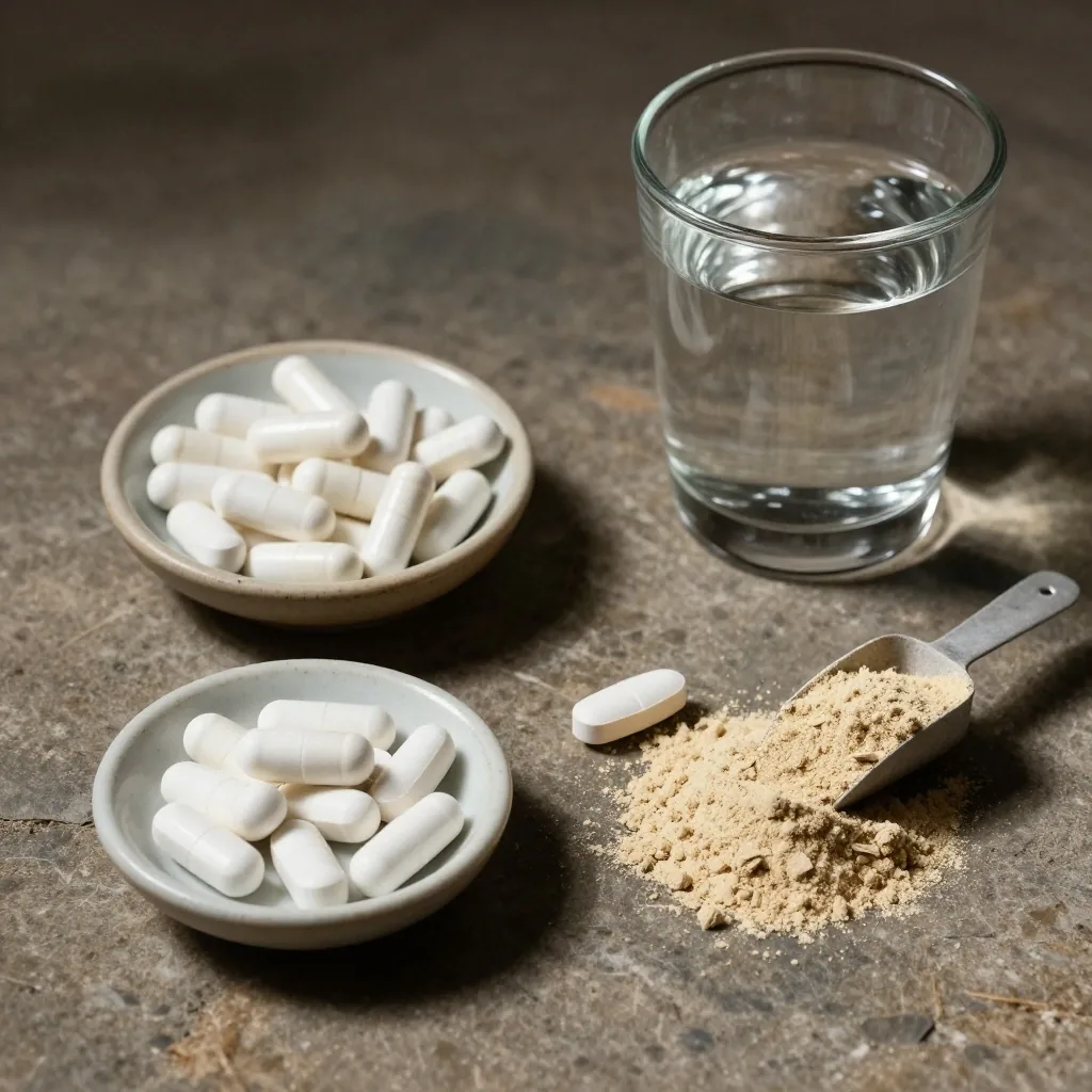 Tablets, capsules, and powder on a warm stone surface