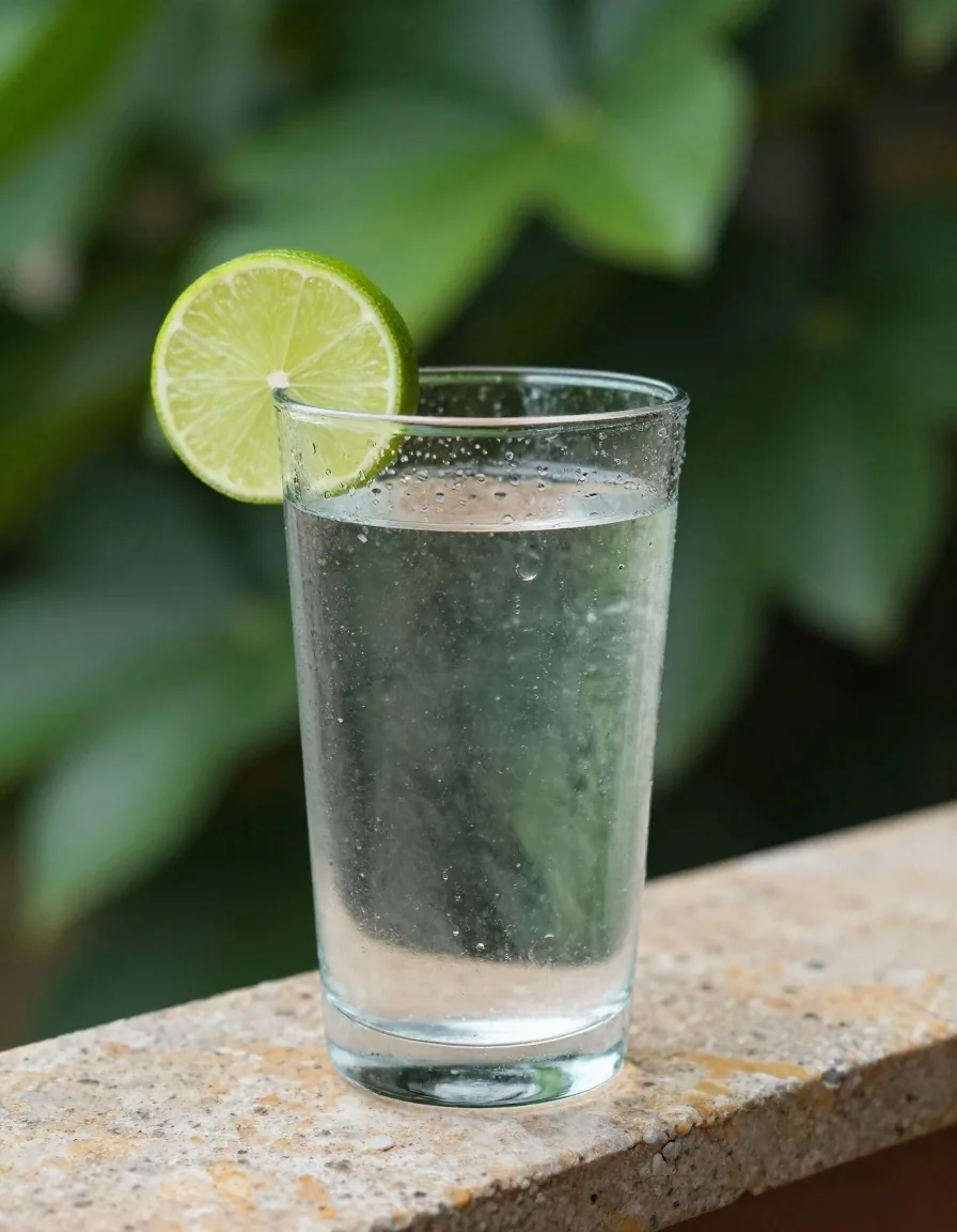 Glass of water with lime on stone surface