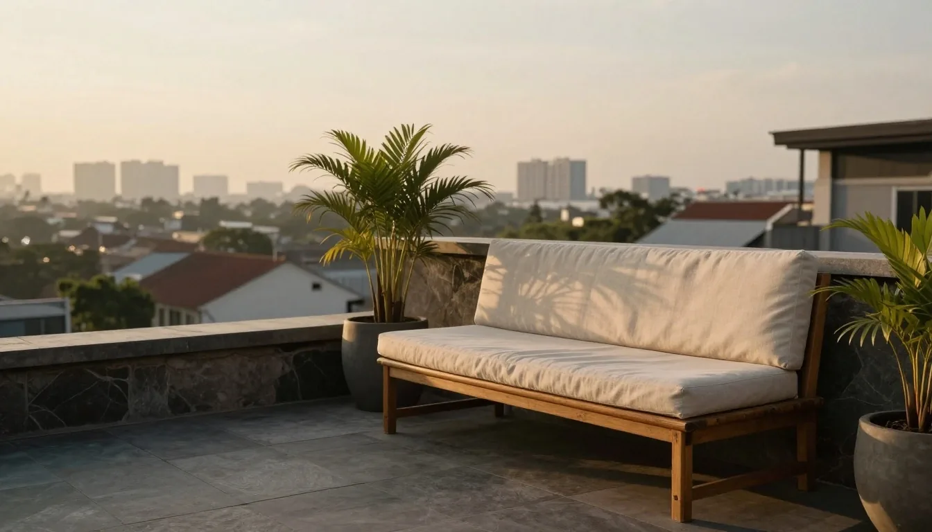 Quiet rooftop terrace at golden hour