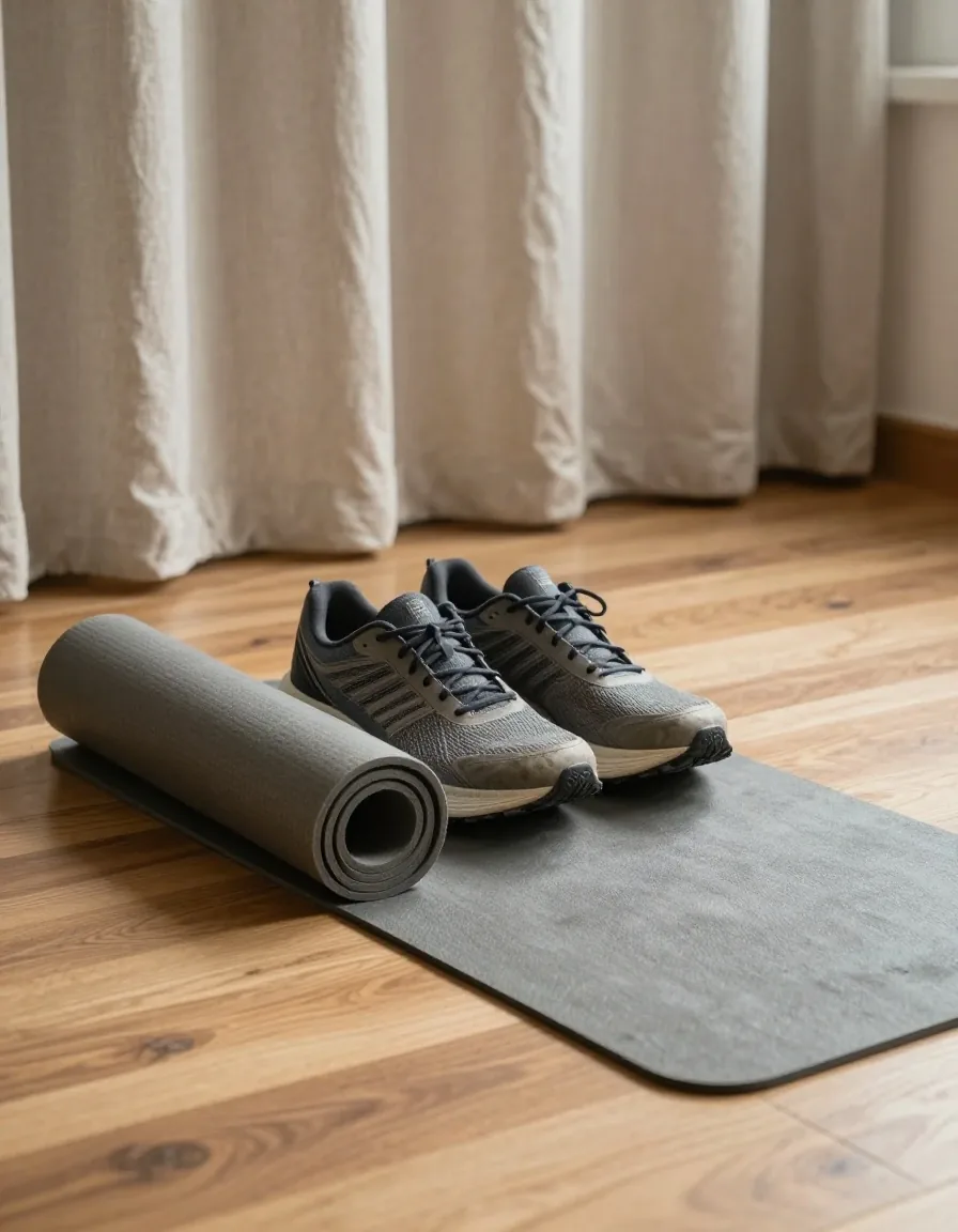 Running shoes and exercise mat on wooden floor