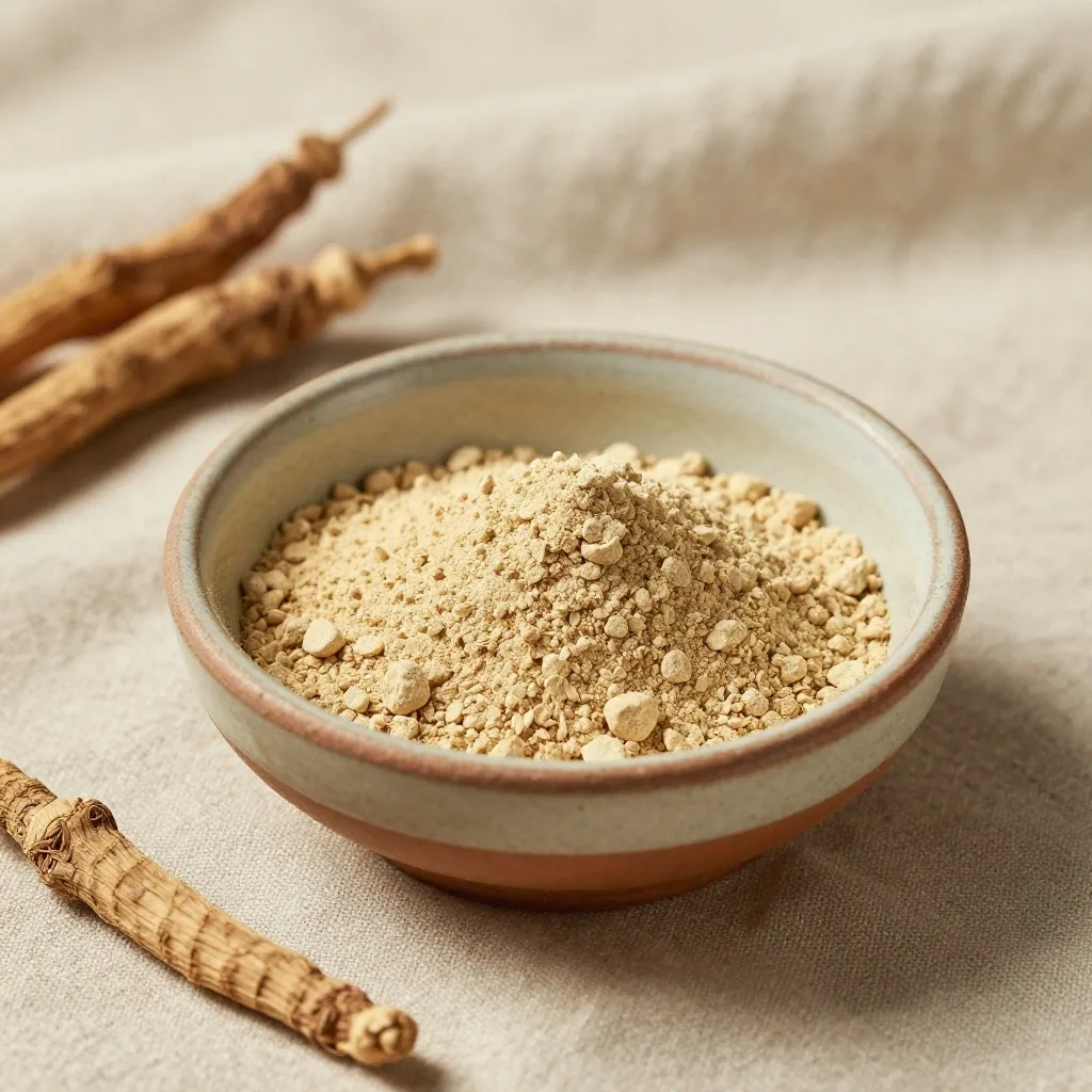 Ashwagandha root powder in a ceramic bowl