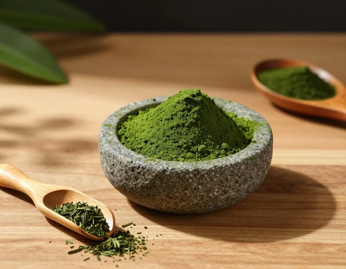 Spirulina powder in a stone mortar