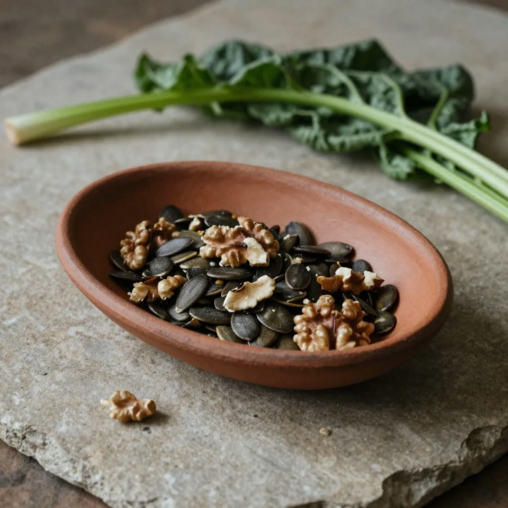 Pumpkin seeds and leafy greens on stone