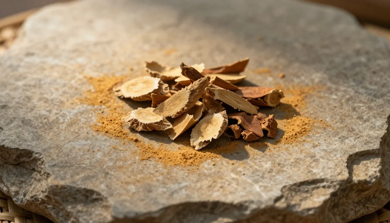 Dried turmeric root and ginger on a linen surface in warm studio light