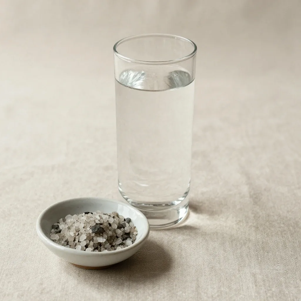 Glass of water with salt on linen