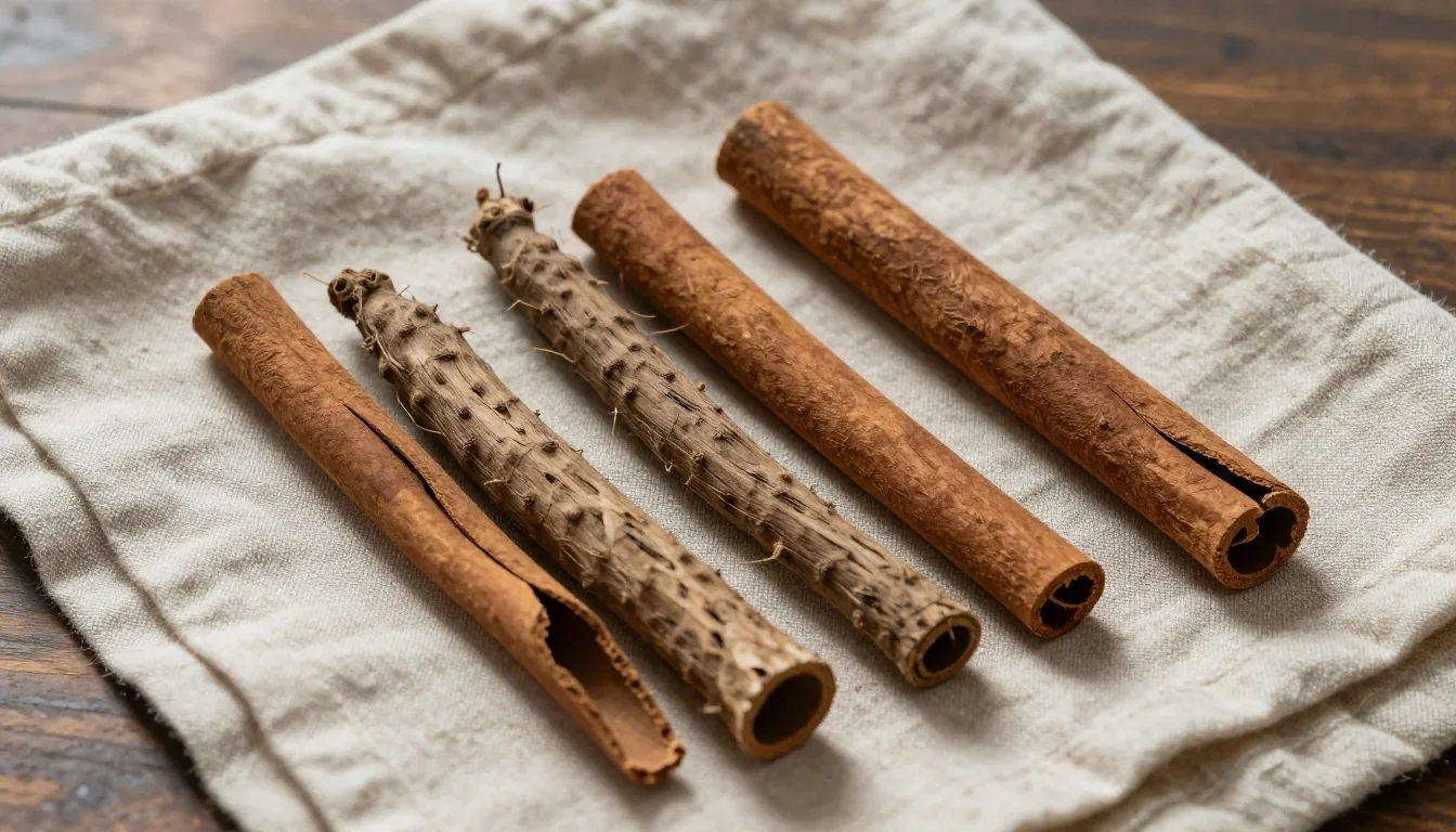 Raw botanical ingredients arranged on a warm linen surface