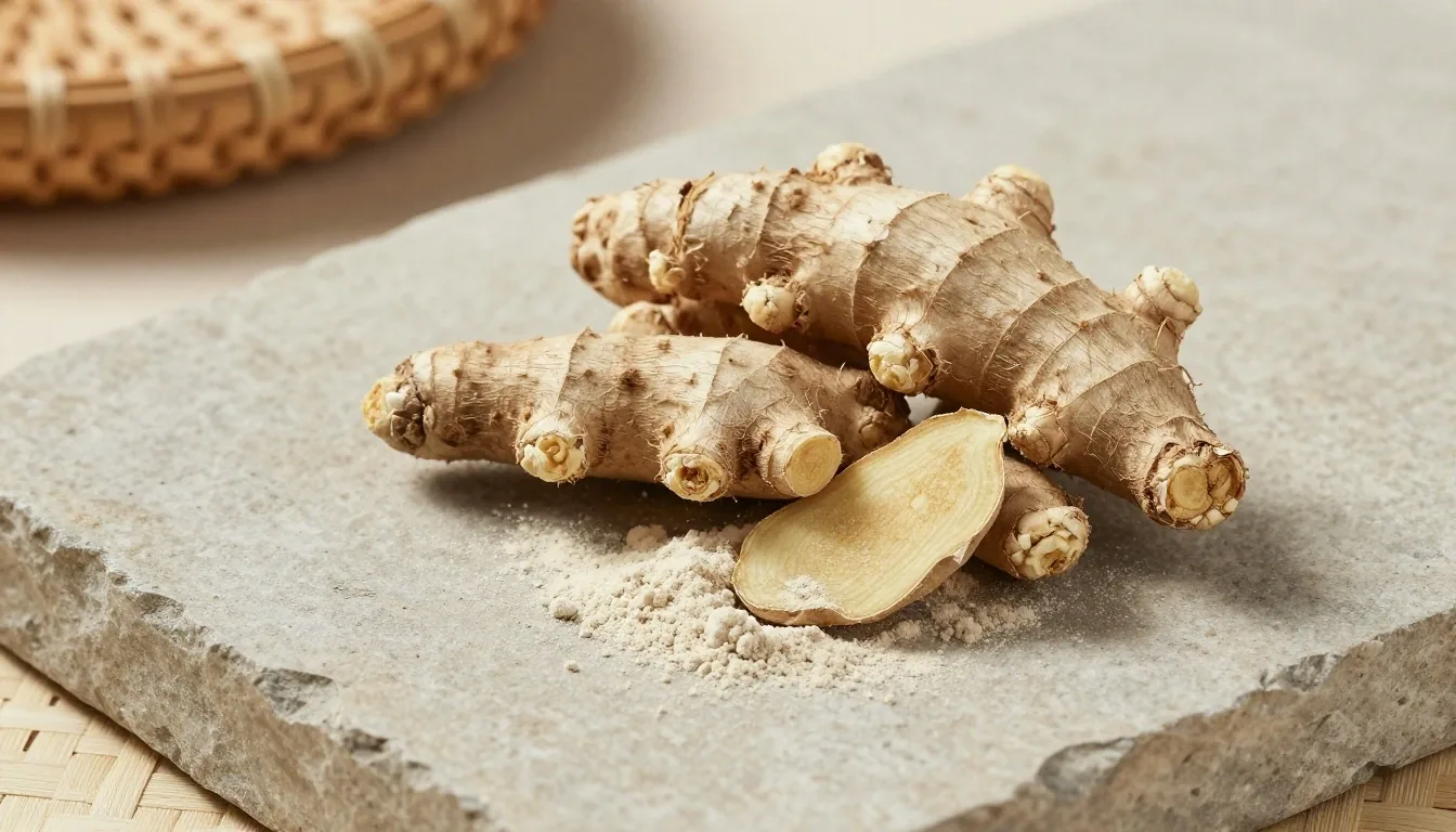 Botanical ingredients on warm stone surface